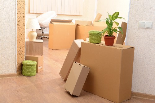 Packed boxes ready for a man and van move in Blackfriars